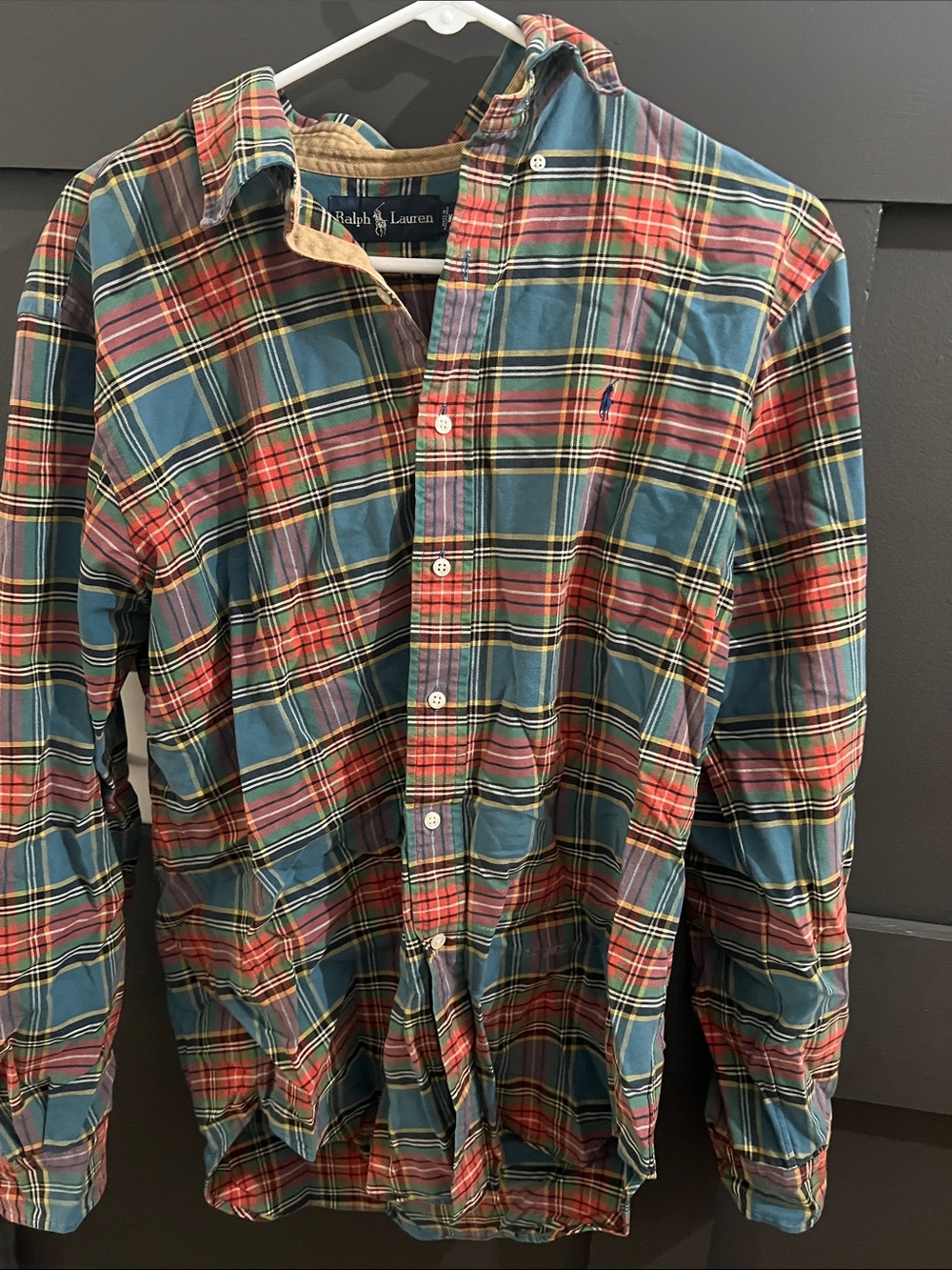 Ralph Lauren Teal and Red Plaid Cotton Button-Down Shirt
